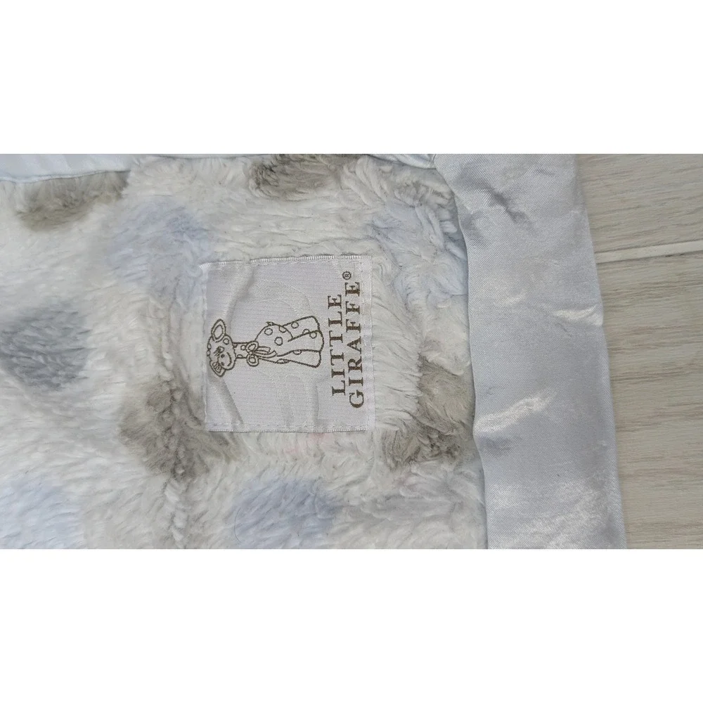 Little Giraffe Small Baby Blanket Blue Gray Tan Polka Dot Satin Trim USED 31x35